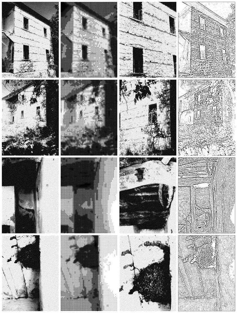 The Shehaj house in Kutë, four photographs in four treatments: contrast, halftone, detail, line