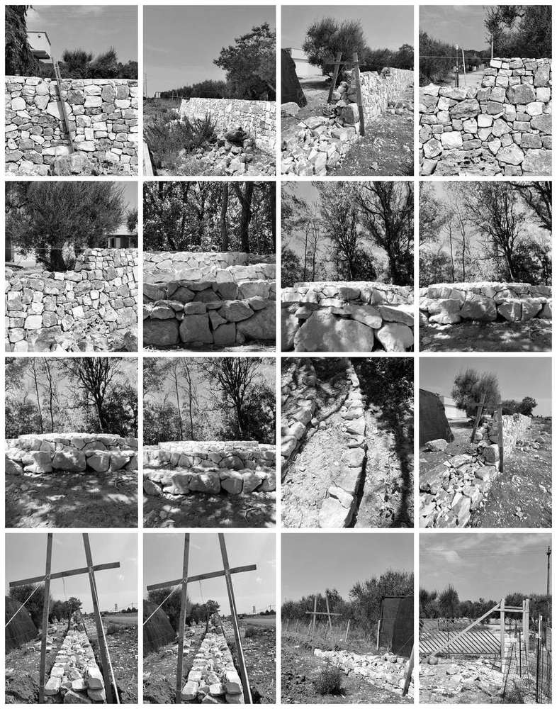 Dry-stone walls under construction and finished, with guide frames and strings