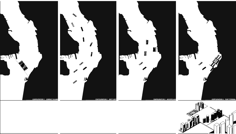 Four configurations of the island, with a view of the port terminal