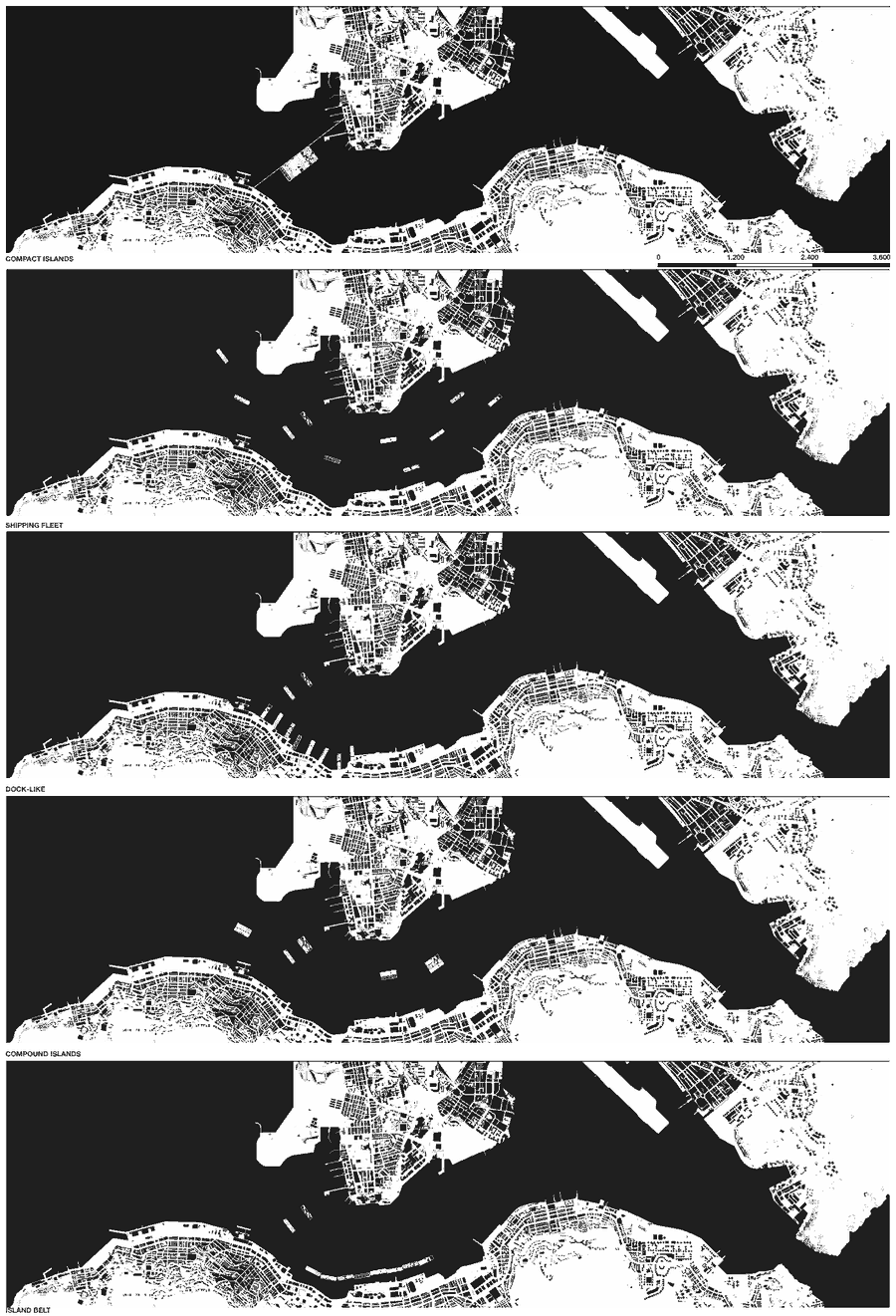 Five configurations for the floating islands in Victoria Harbour: compact islands, shipping fleet, dock-like, compound islands, island belt