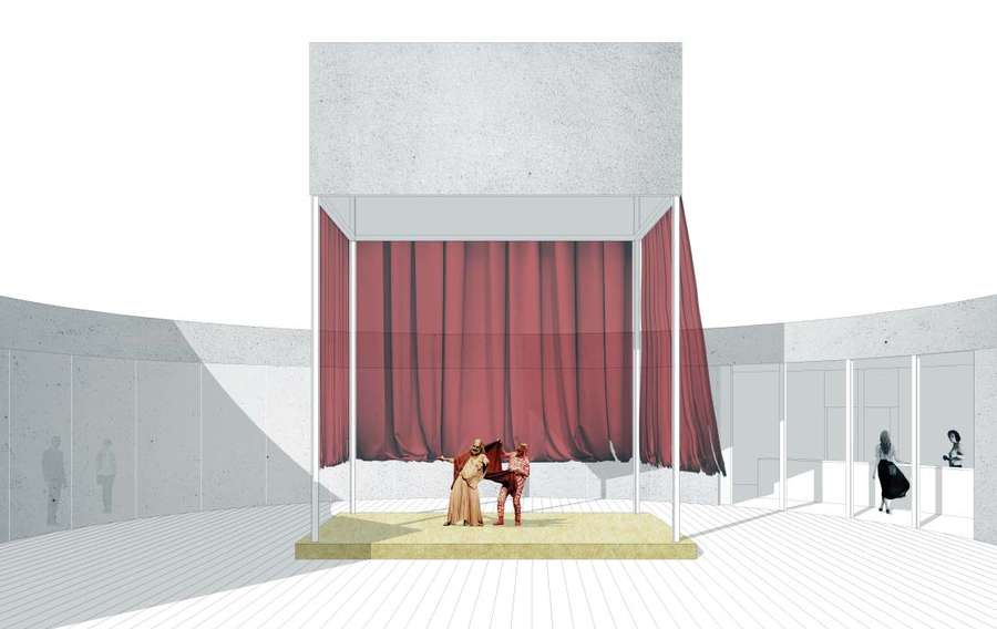 The pavilion in use: stage, red curtain and ring of seats