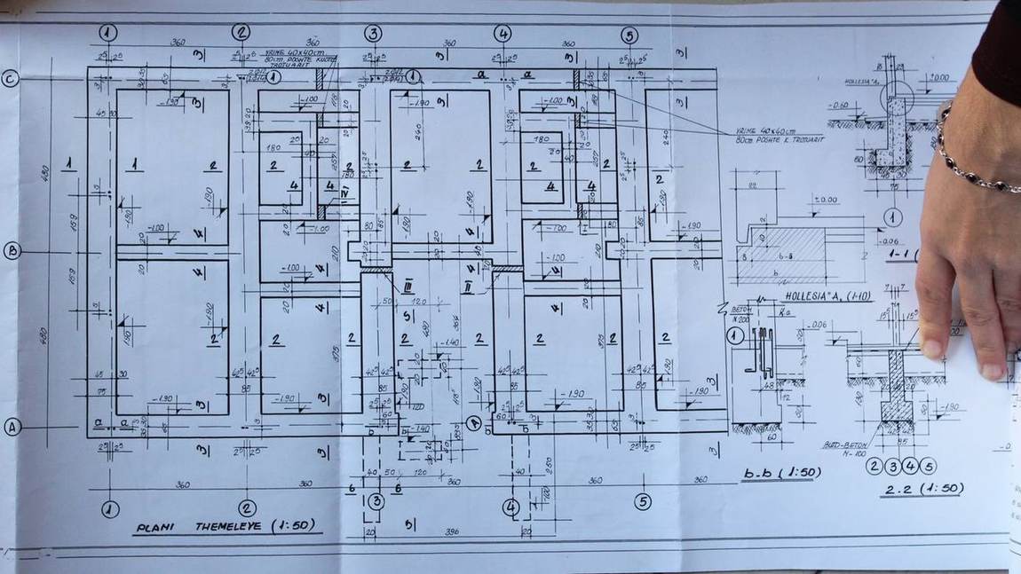 Foundation plan and construction details, scale 1:50