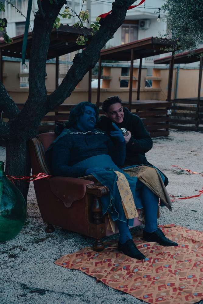 Blu Sàtiro, painted blue, in the garden of the former station Blu Sàtiro, painted blue, in the garden of the former station