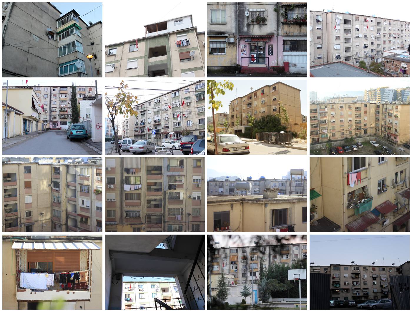 Film stills and photographs of prefabricated-panel blocks: closed balconies, added floors, courtyards used as car parks