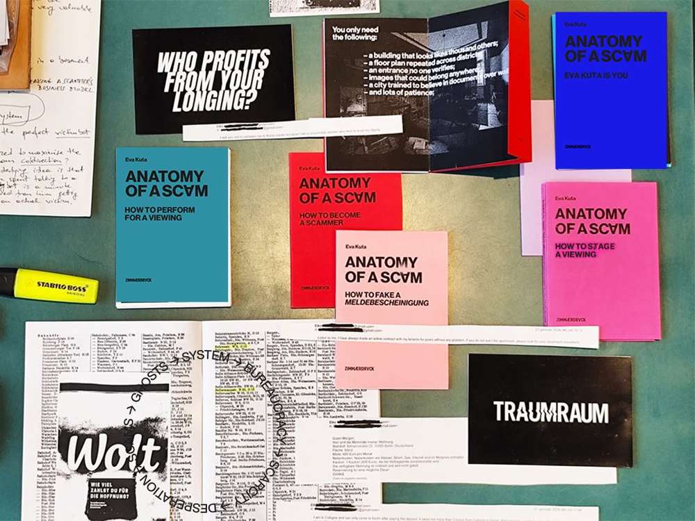 The series ZR01 to ZR05, work in progress, with postcards and printed scam messages